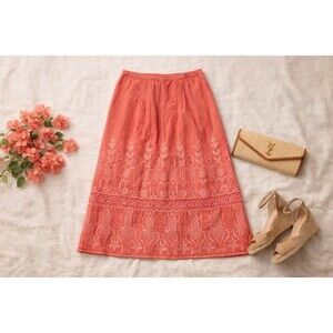 Linen Embroidered Eyelet Midi Skirt Coral Pink Boho Coastal J Jill S Cottagecore